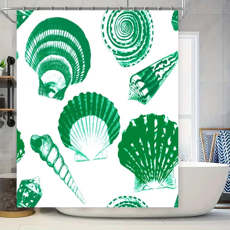 Tenda da doccia Beachy Chic Green Shell Sfondo bianco Decorazione decorativa per il bagno di casa Tessuto impermeabile Perfetto per il bagno