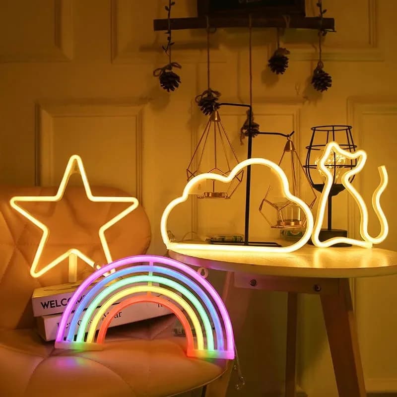 Insegna al neon LED Luce al neon a forma di arcobaleno Batteria/alimentata tramite USB Lampada al neon colorata da parete per scrivania Luce notturna Decorativa natalizia