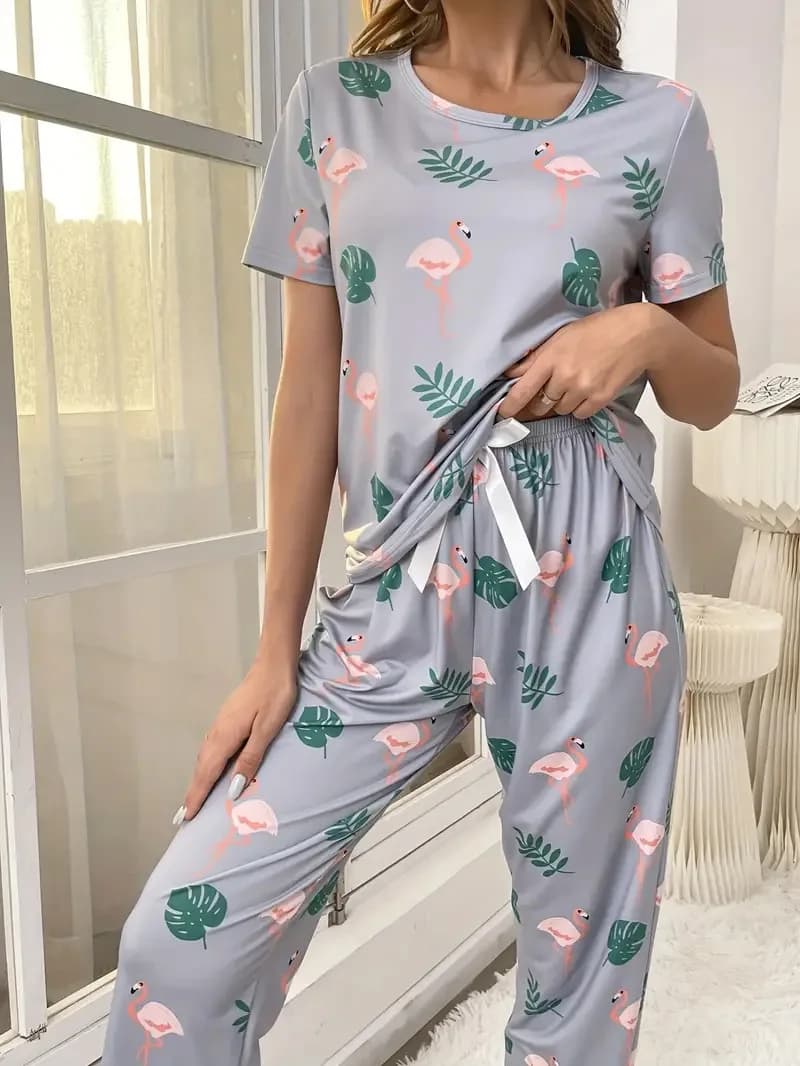Two-piece set with short sleeve printed long trousers for the house - comfortable, casual and fashionable summer nightwear set
