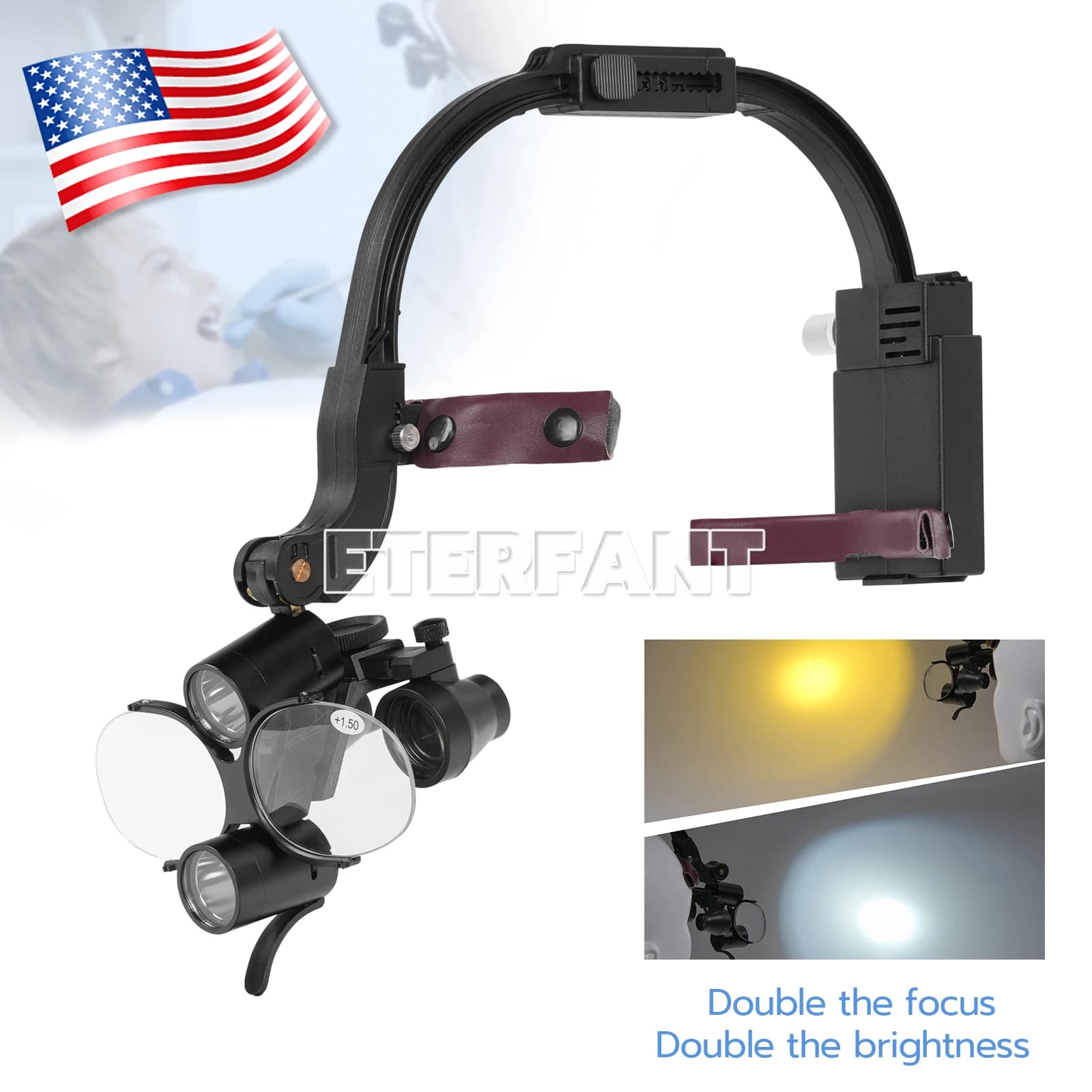 ETERFANT 3.5X-420mm Lenti binoculari per fascia chirurgica dentale con luce frontale a LED da 5 W 2 LED Nero
