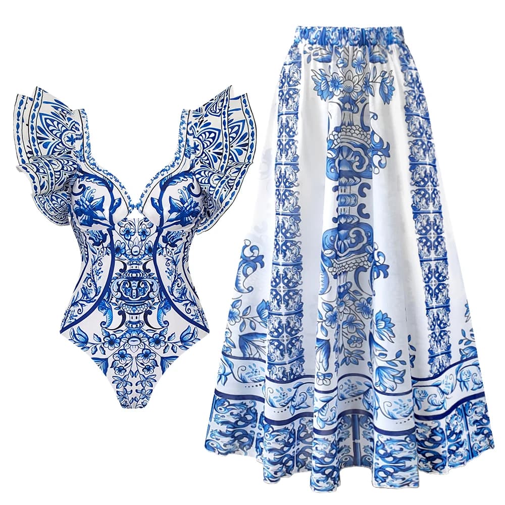 Costume da bagno intero con volant stampato con copertura Costumi da bagno sexy da donna Costumi da bagno con pancia piatta Costume da bagno Cintura Body Gita in spiaggia