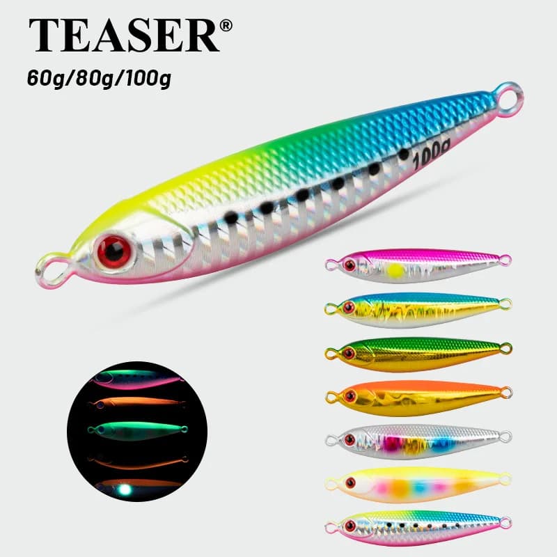 TEASER J122 Shore Casting Pesca in Mare Piastra di Ferro 60g 80g 100g Luminoso UV Affondamento Veloce Barca Richiamo di Pesca Piastra di Ferro Richiamo
