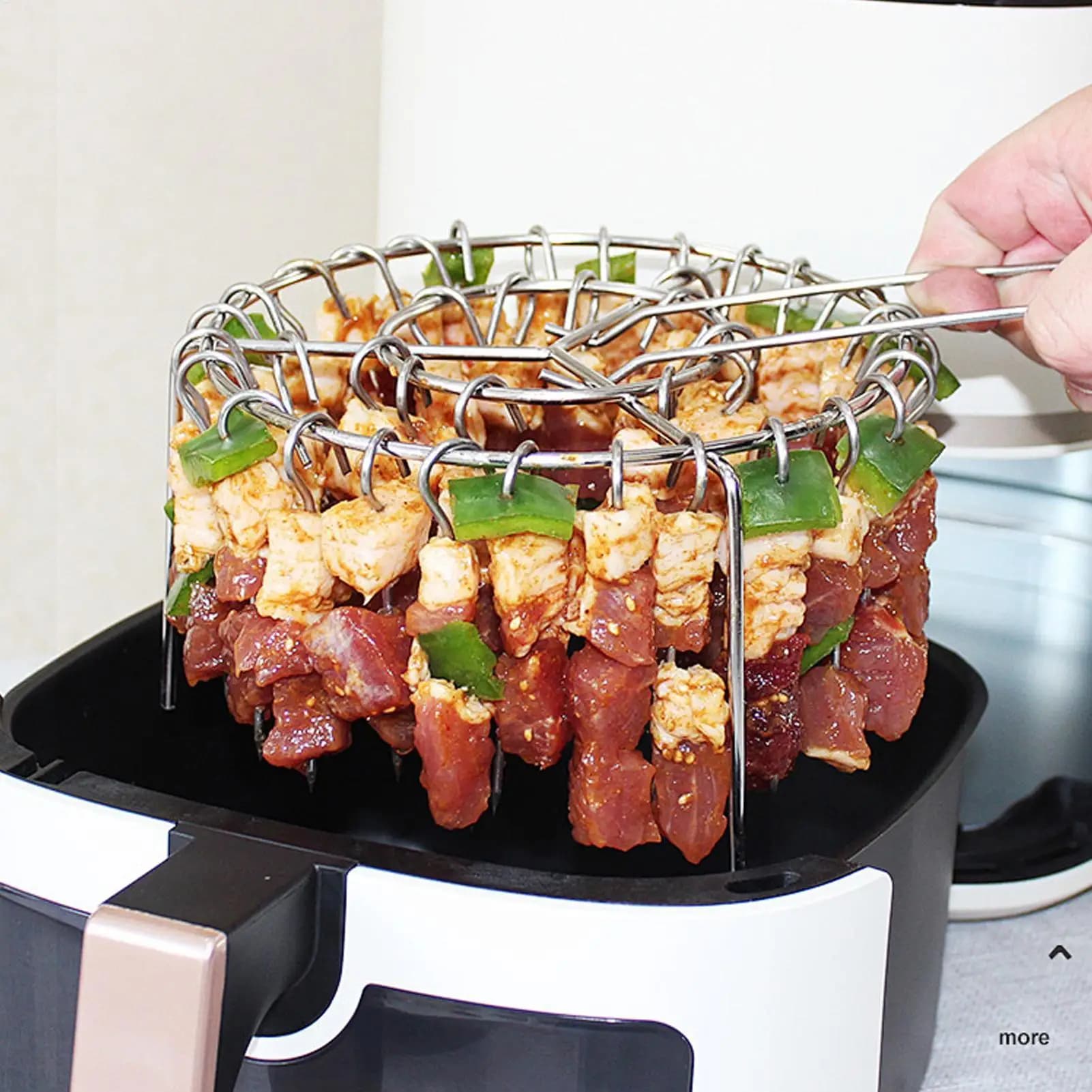 Portable Stainless Steel Air Fryer Grill Round with Grilled Skewers Hanging Skewers Rack Barbecue Grill for Home Kitchen Outdoor