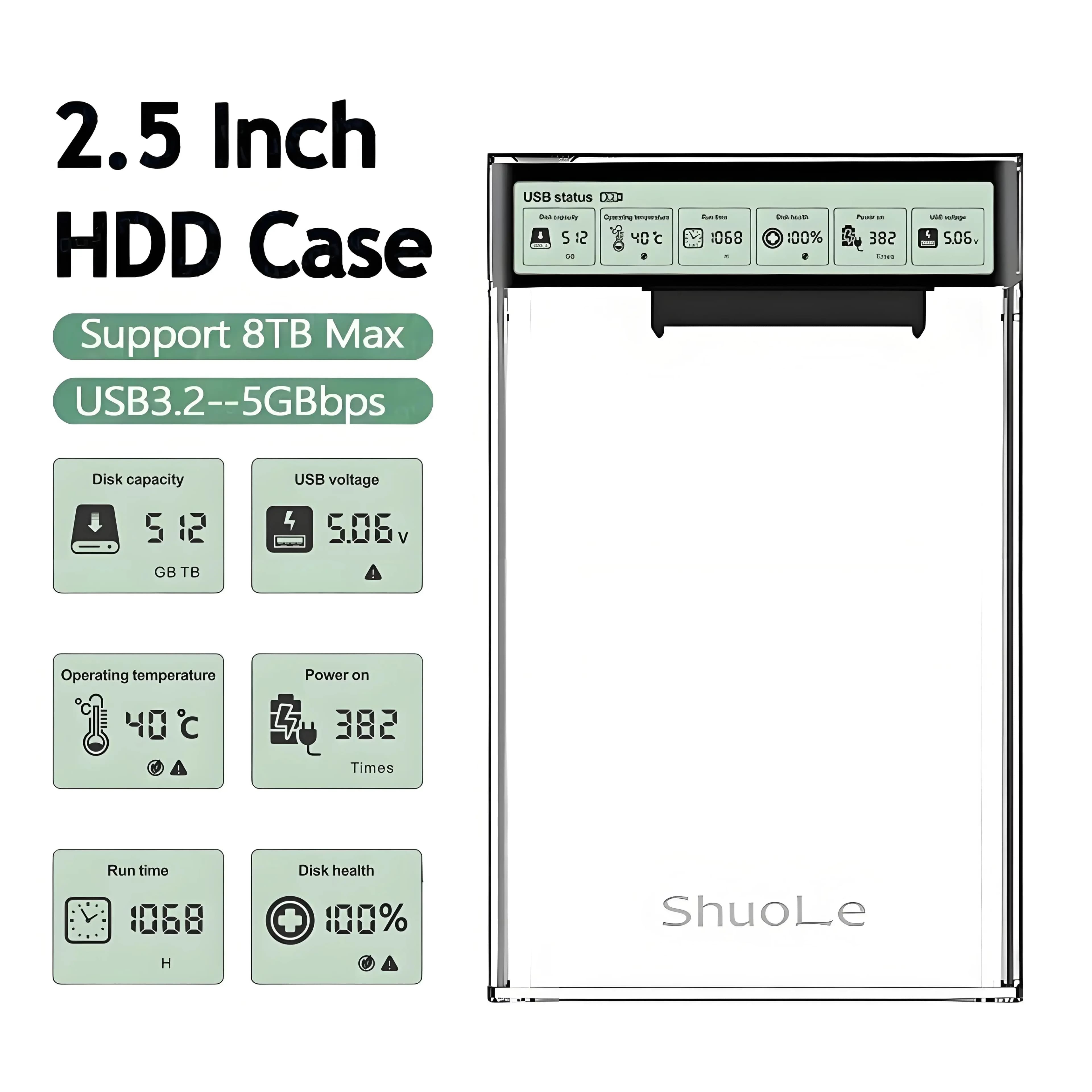 Custodia per HDD esterna USB3.2 Custodia per HDD trasparente da 2,5 pollici con schermo di visualizzazione Custodia SSD HDD da USB a tipo C da 5 Gbps per PC portatile