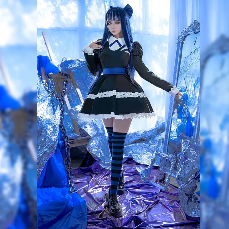 Panty & Stocking Anime with Garterbelt Younger Sister Anarchy Stocking Cosplay Costume Gothic Maid Lolita Dress Wig Long Socks A