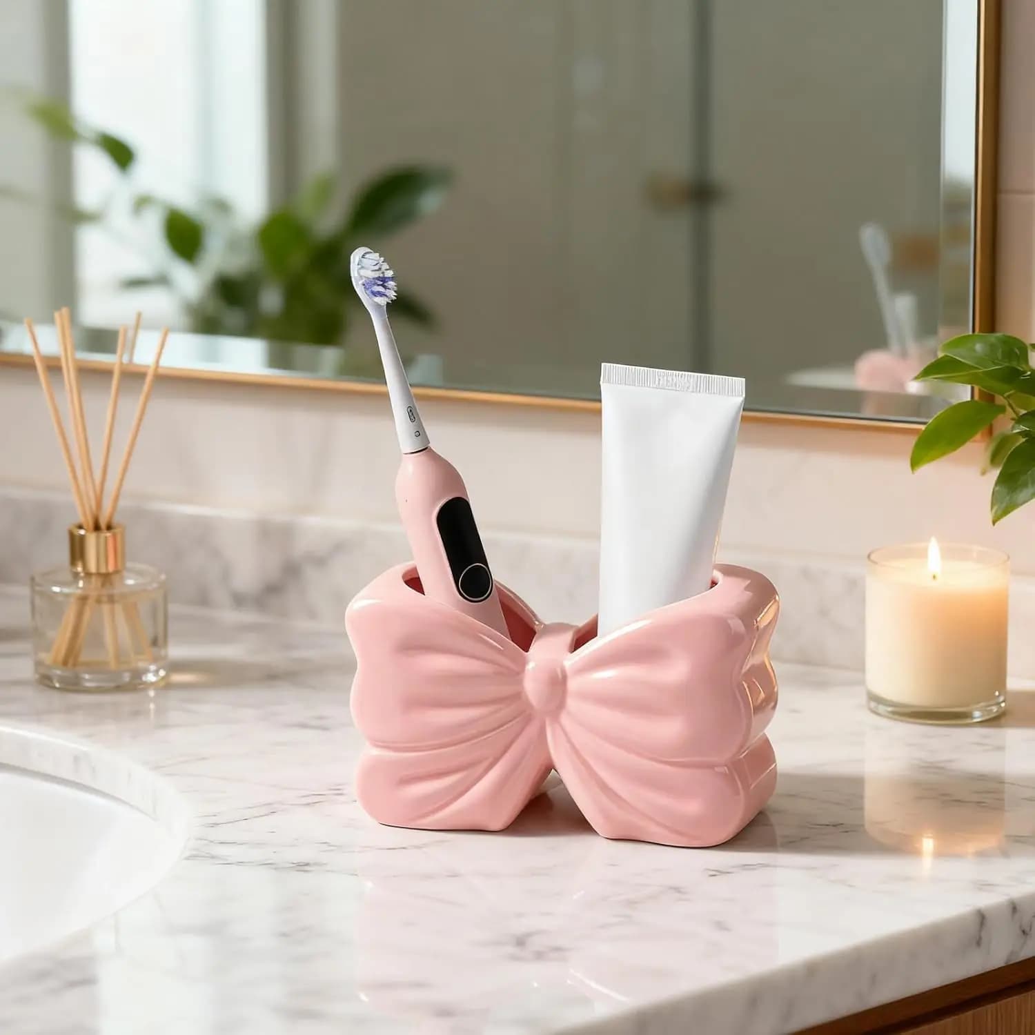 Portaspazzolino in ceramica con grazioso fiocco rosa, design a 2 scomparti per bagno e porta pennelli da trucco.