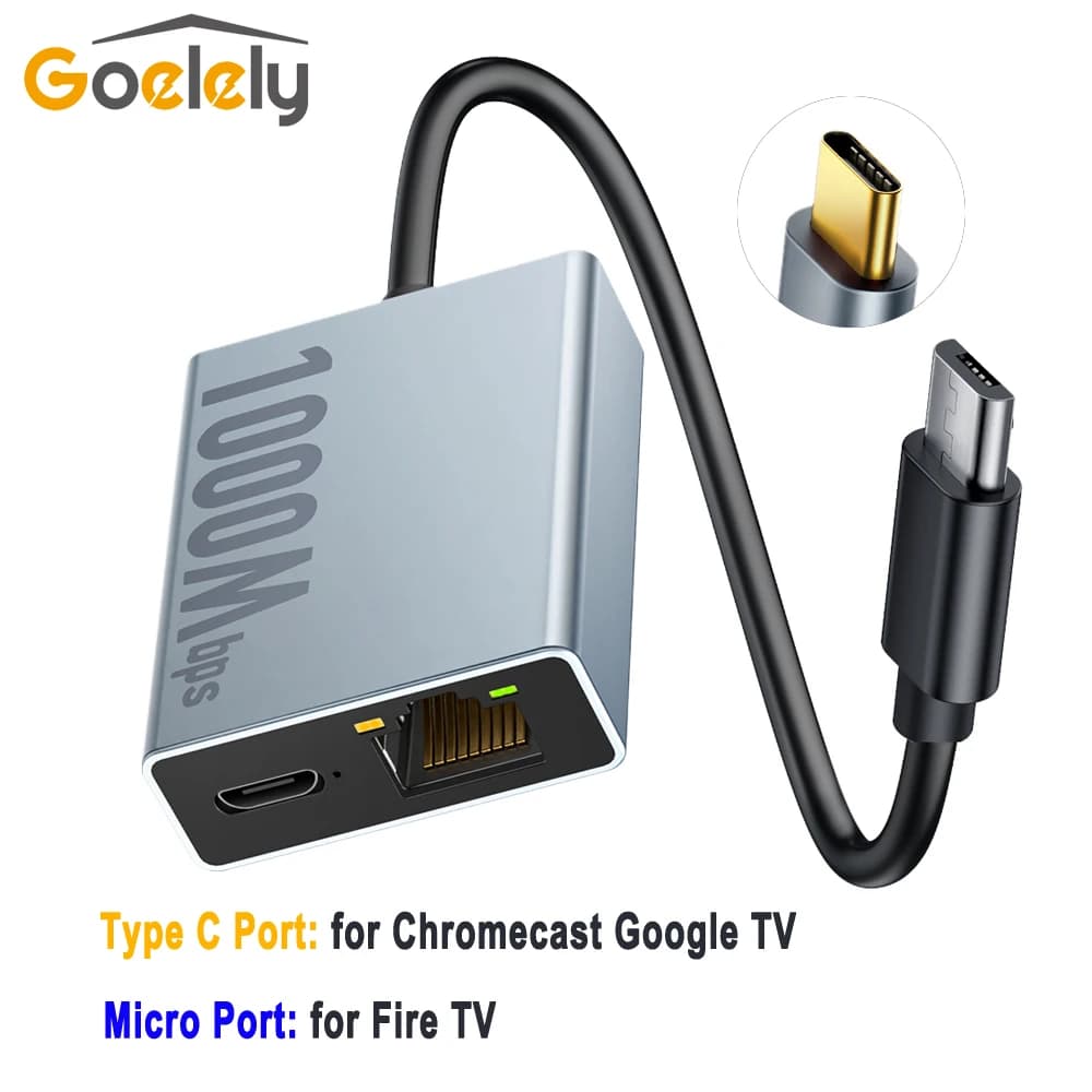 Goelely RJ45 Scheda di rete esterna 1000Mbps Micro porta 4K Fire TV Stick Indicatore LED Adattatore Ethernet Plug & Play per Smart TV