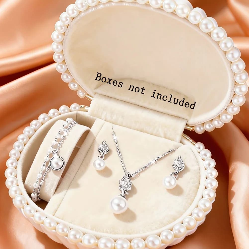 3 Pcs Vintage White Pearl Jewelry Set, Twisted Chain Pendant Necklace, Drop Stud Earrings & Dainty Link Bracelet, Elegant Daily Wedding Jewelry Gift For Women Dating Holiday Party Outfits