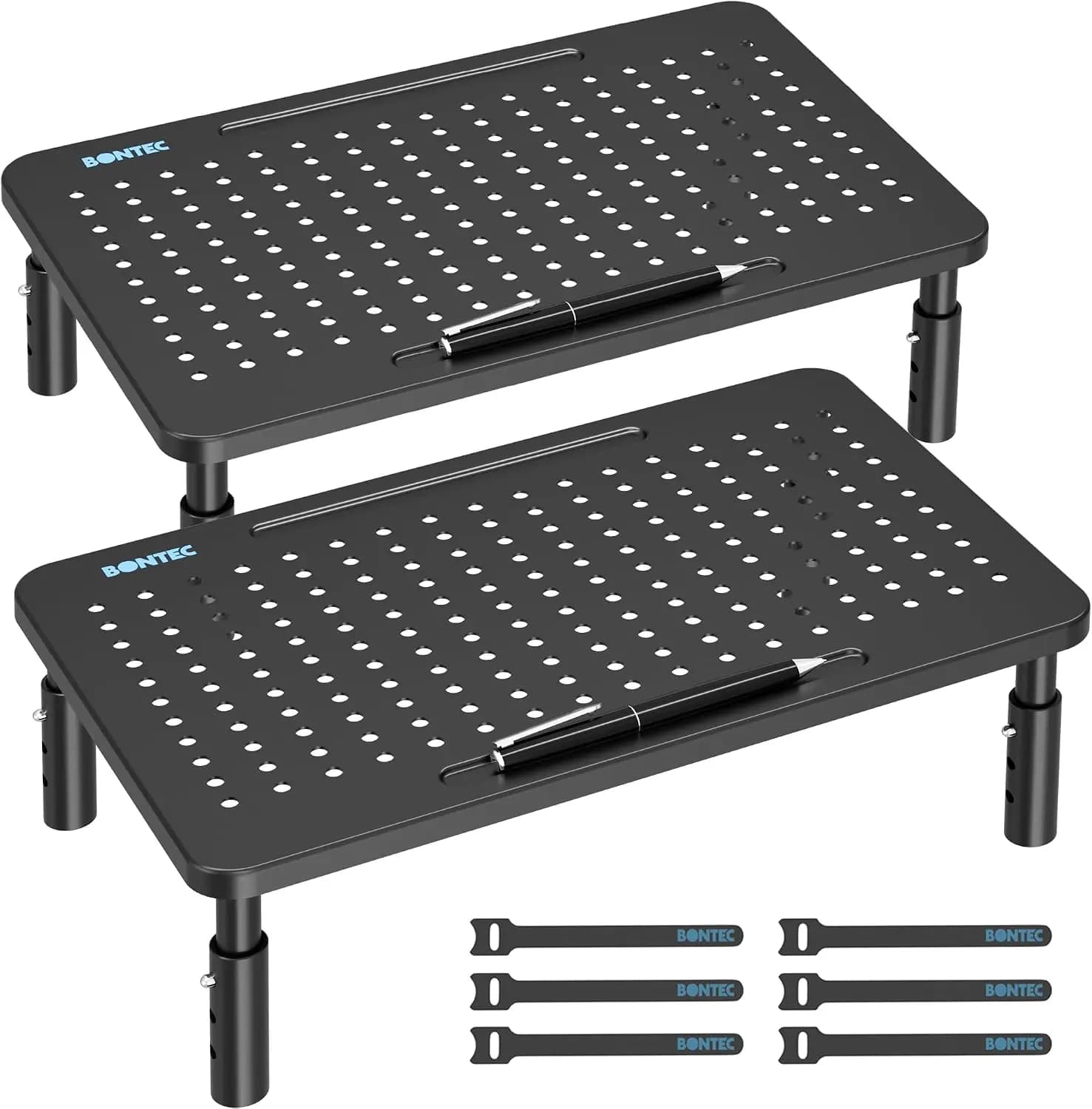 3-Level Adjustable Monitor Stand 2-Pack, Ergonomic Metal Riser with Pen Holder & Cable Management for Desk