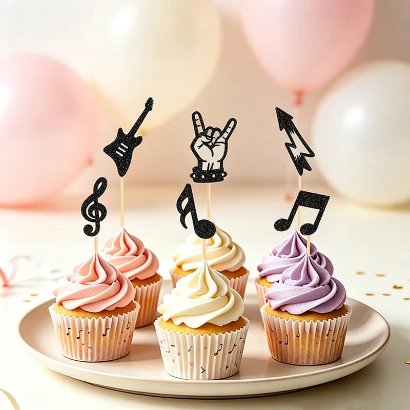 YOMDID 24Pcs Rock Roll Silhouette Cake Toppers Glitter Guitar Music Note Rock Hand Picks for Music Party Cupcake Decorations