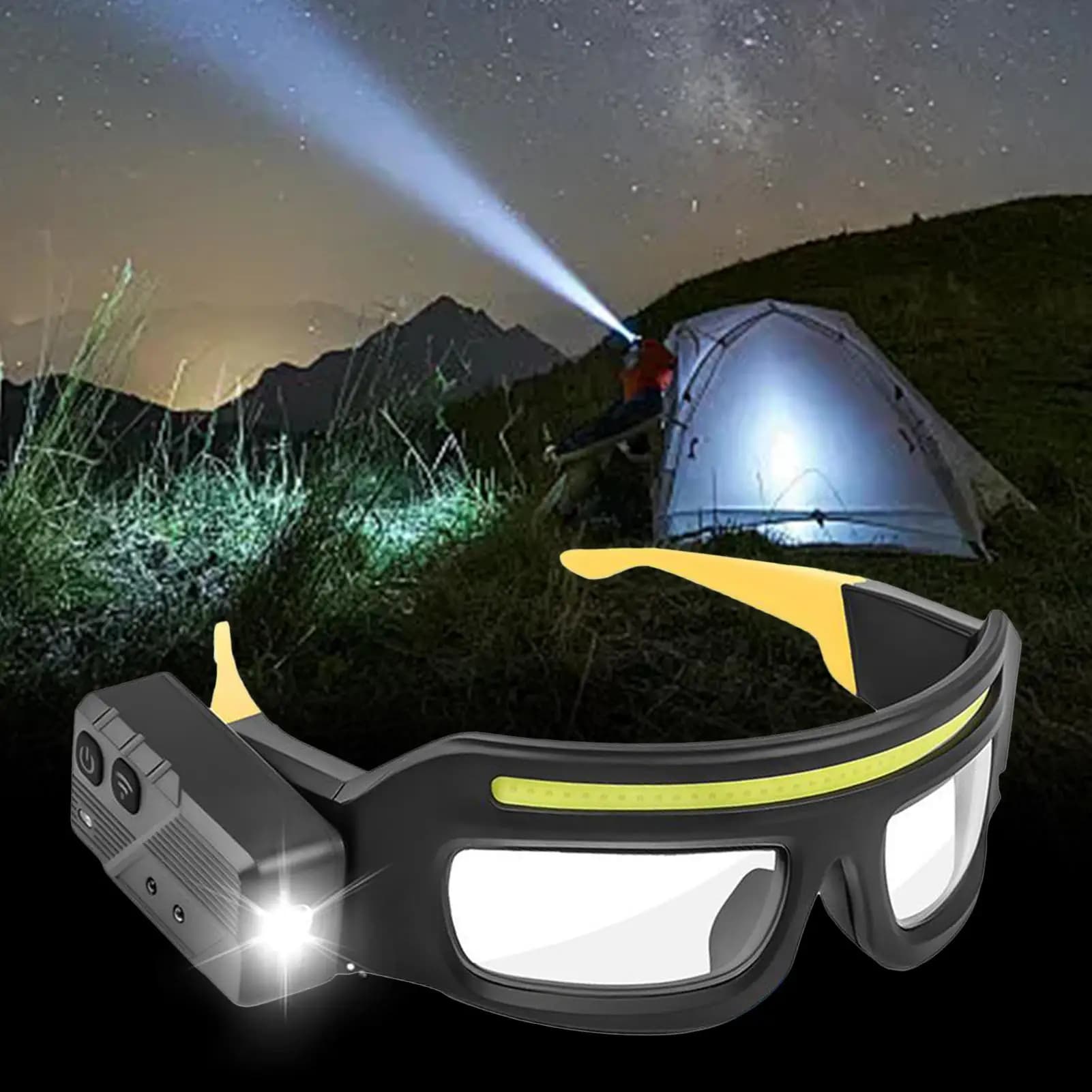 Occhiali di sicurezza con faro a LED IPX4 impermeabili, faro COB ricaricabile tramite USB-C, luce da lavoro a doppia sorgente luminosa, occhiali protettivi