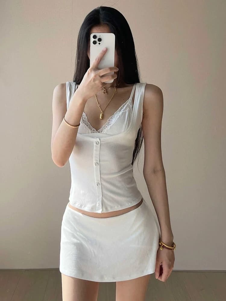 Sexy Lace Two-Piece Vest Women's Outerwear Autumn Slim Fit Backless Top V-Neck Short Length Moisture Wicking Citywalk Casual