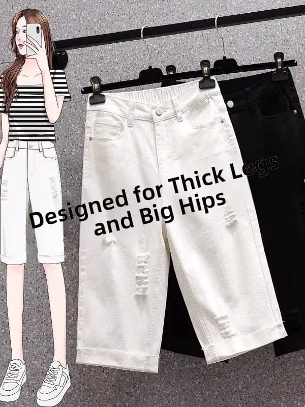 Summer New plus Size Women's Elastic Hole Straight Leg Five-Quarter Jeans Loose Waist Casual Mid-Length Pants for Fat Girls