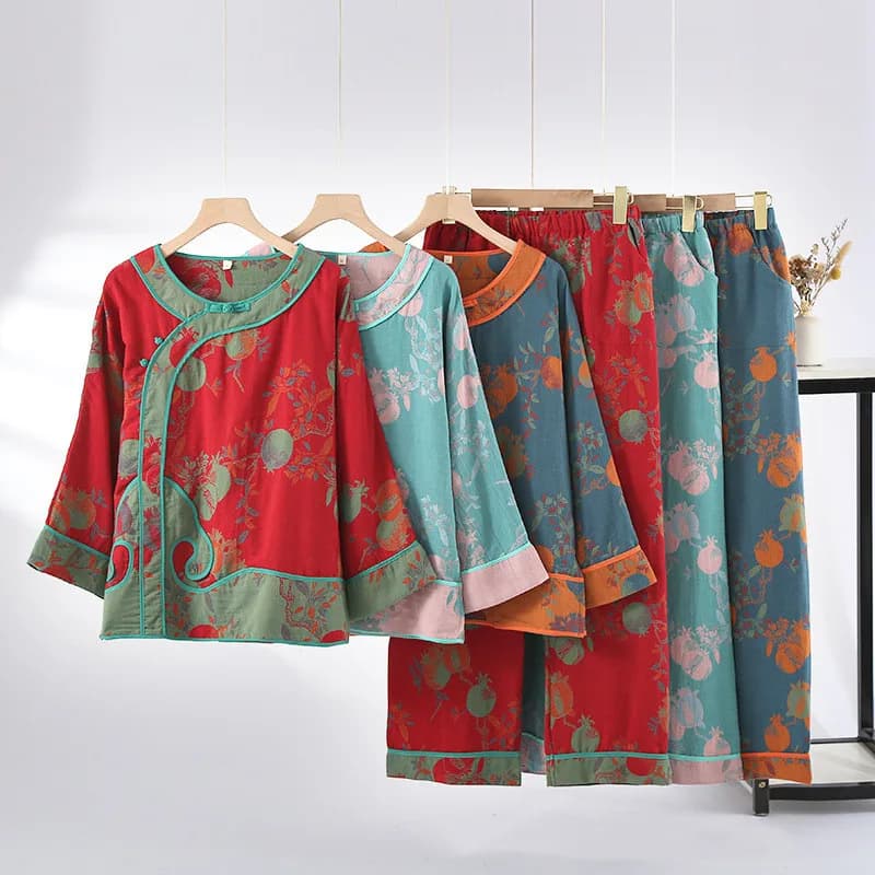 Summer Women's Pajama Set Cotton Crepe Cute Love Long Sleeve Pullover Pants Two Piece Set Home Clothes
