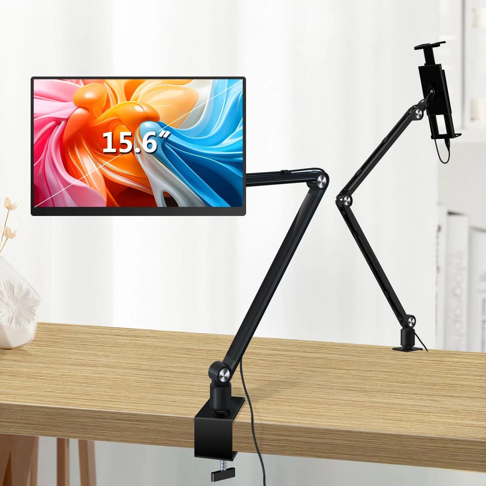 360° folding portable monitor stand for table installation with 15.6"16" screen, aluminium long-arm swivel tablet holder