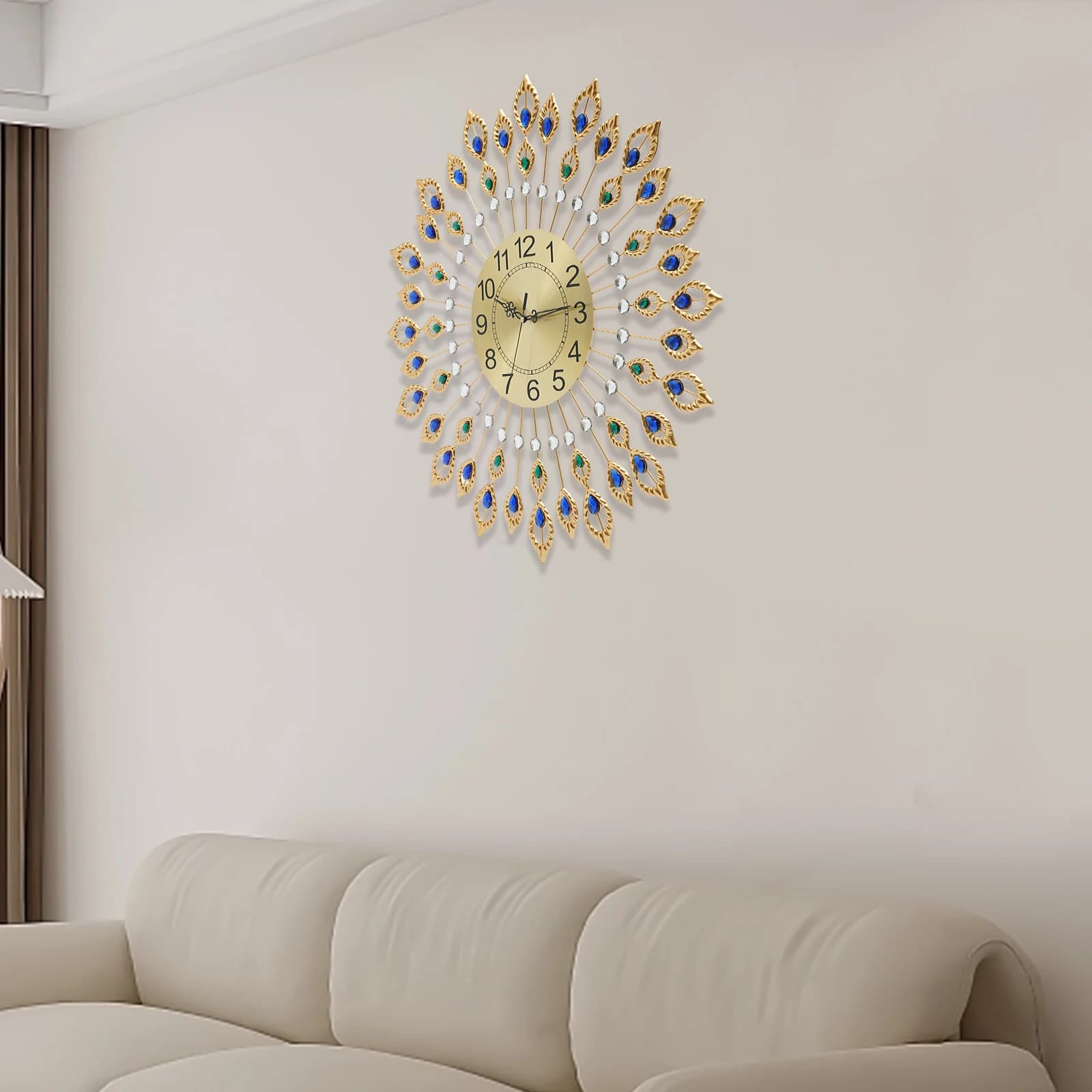 Orologio da parete decorativo a forma di piuma di pavone, orologio al quarzo silenzioso 67x67 cm, senza ticchettio, per soggiorno, camera da letto, ufficio