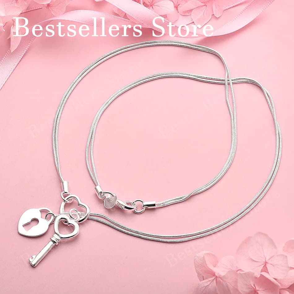 Collana con Ciondolo a Forma di Cuore e Chiave in Argento Sterling 925 per Donne, Gioiello Alla Moda per Feste e Matrimoni