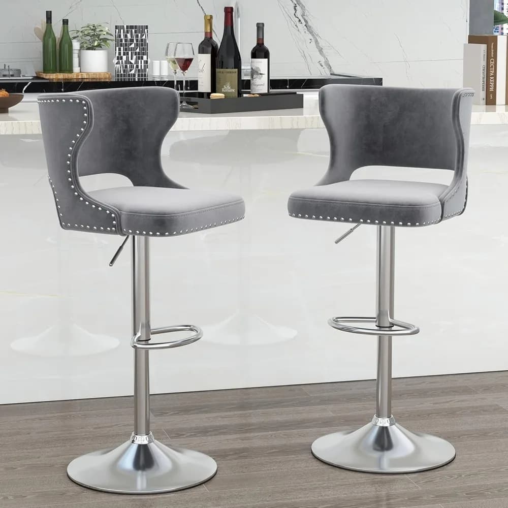 Set sgabello da bar (4 pezzi), realizzato in velluto, regolabile e girevole, con schienale cavo e decorazione con rivetti