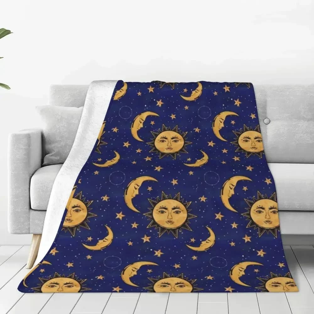 Coperta da letto in flanella da viaggio con stampa solare dorata, copriletto personalizzato per camera da letto super caldo