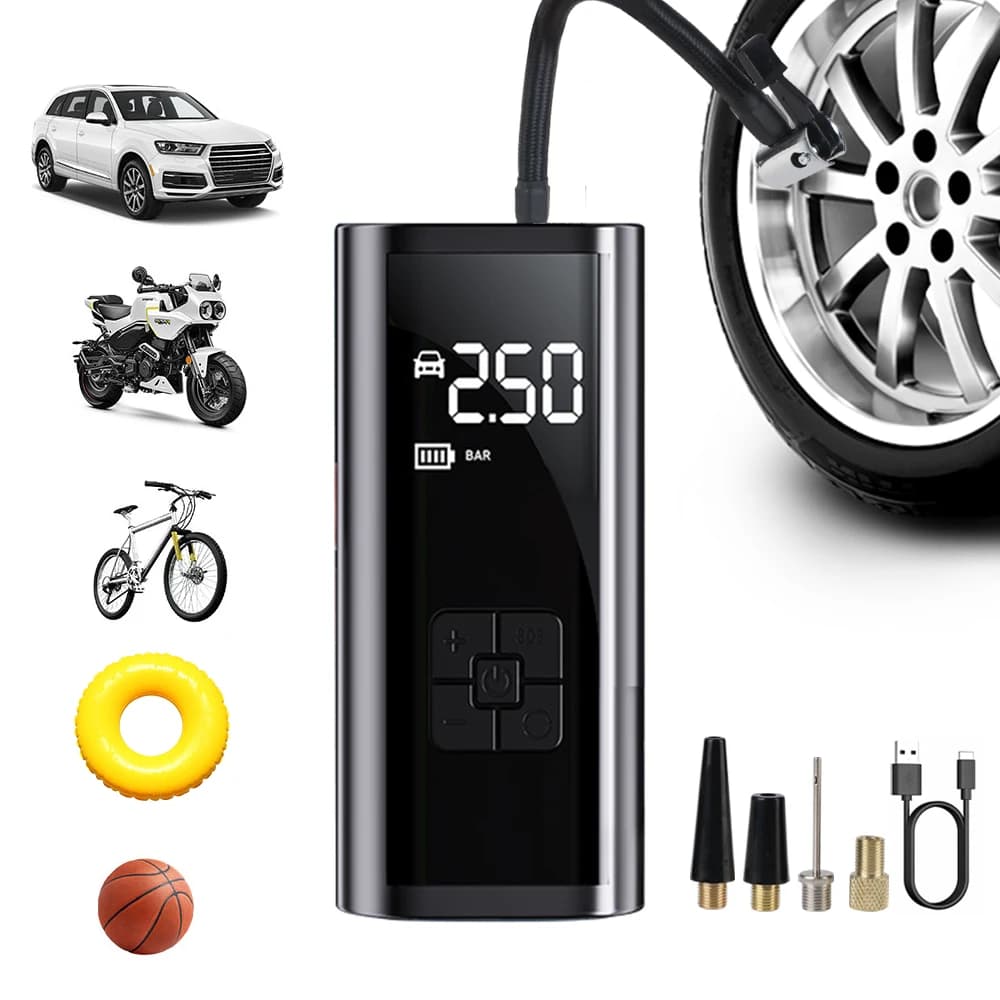 Compressore d'Aria Portatile per Moto e Biciclette, Pompa Elettrica per Auto con Display LCD, Gonfiatore Wireless per Pneumatici