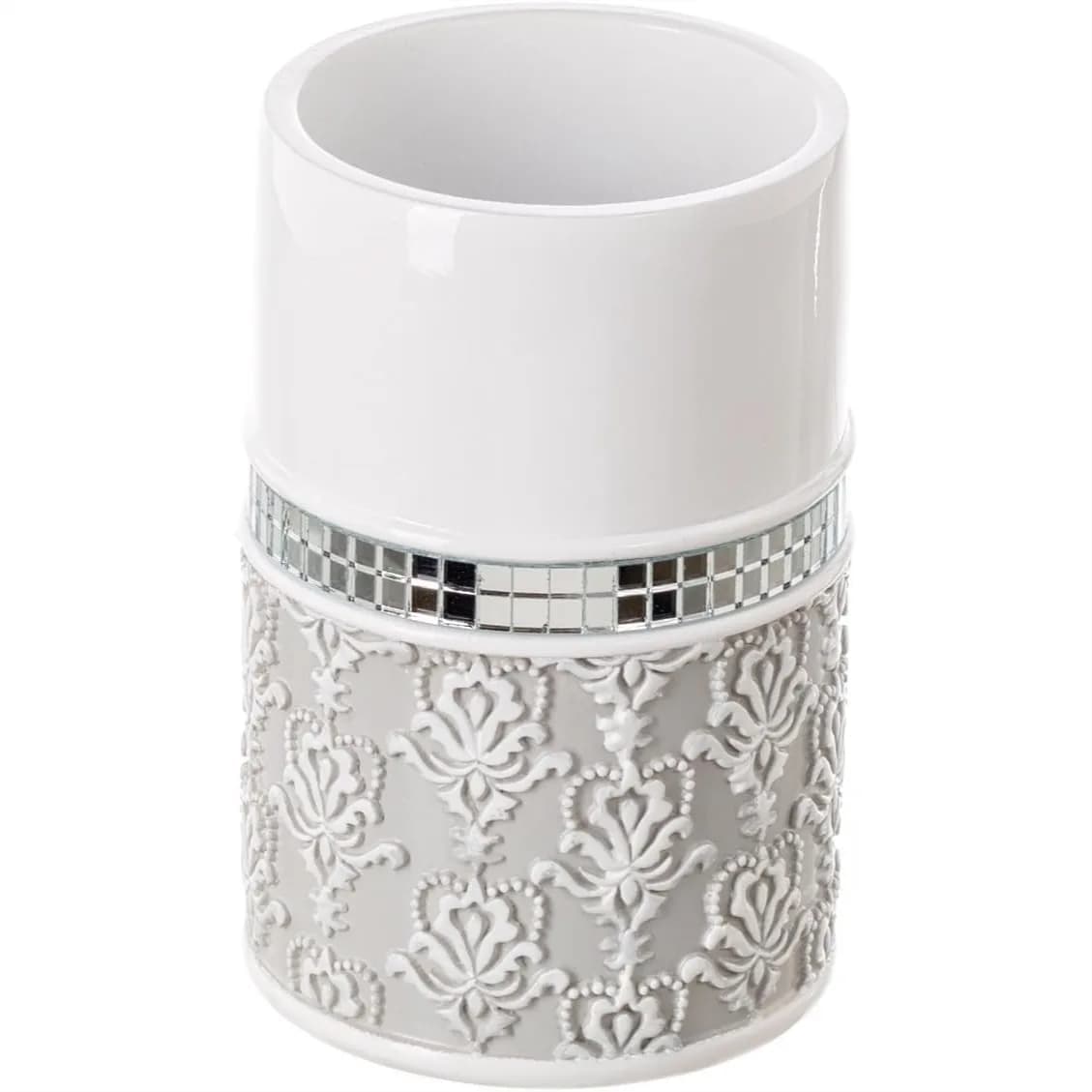Portaspazzolino e Portadentifricio Elettrico, Bicchiere Grigio e Bianco per Lavabo Bagno, Bicchiere per Risciacquo in Resina Damascata Effetto Specchio