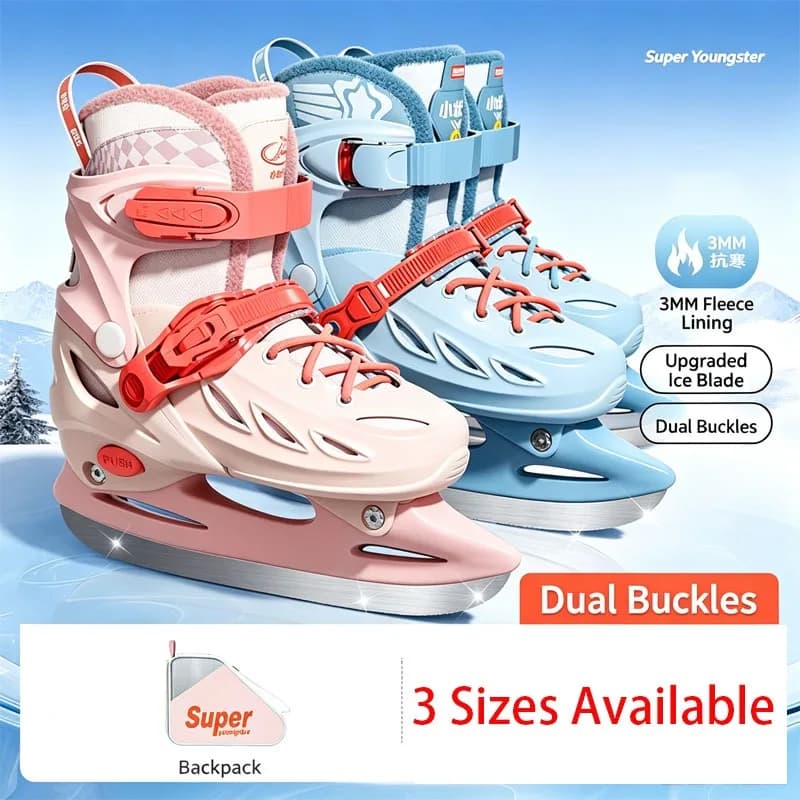 Kids Adjustable Ice Skates 3 Sizes Figure Ice Skating Boots Warm Fleece Lined Stainless Steel Blade Ice Skates for Boys Girls