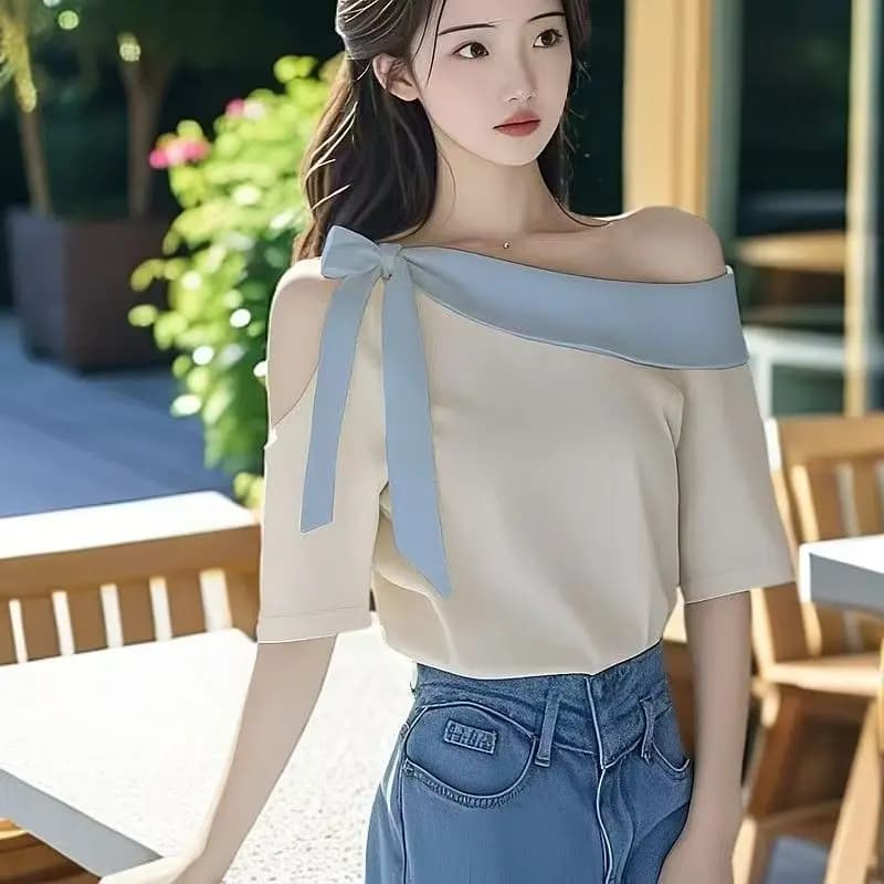 Fashionable Versatile New Chinese Style Slant Collar Outerwear Shoulder Bared Base Layer Meat Concealing Top T-Shirt for Women