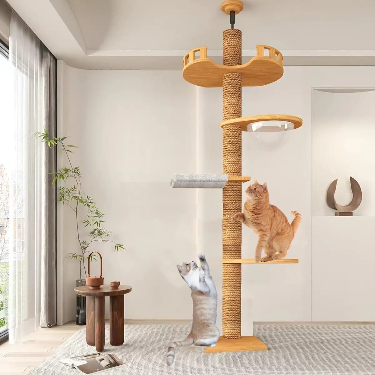 Albero per gatti in legno da terra a soffitto, regolabile in altezza, con torre per gatti, tiragraffi in corda di sisal, capsula spaziale, piattaforma per salti e letto interattivo