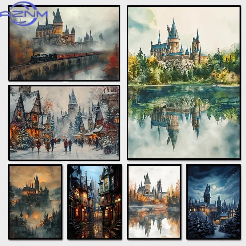 Dark Academia Fantasy Wizard Magic Castle Landscape Owl Train School Poster Canvas Painting Wall Art Pictures Home Decor