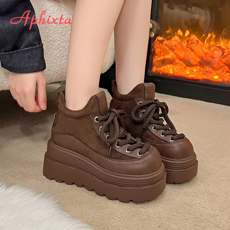 Aphixta New Winter Wedges Heel Woman Ankle Boots Platform Faux Suede Chunky Heel Woman Shoes Warm Short Plush Lady Footwear