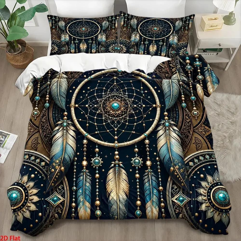 3Pc_ Light Luxury Style Dreamcatcher Print Quilt Cover Set, Three-Piece Bed Set (1 Quilt Cover + 2 Pillowcases), Skin-Friendly Breathable Polyester Woven Bedding, Invisible Zipper Double Bed Bedding, Suitable for All Seasons, Easy to Clean, Durable, Wrinkle-Resistant, Bedroom Decoration, Cozy Home Decor