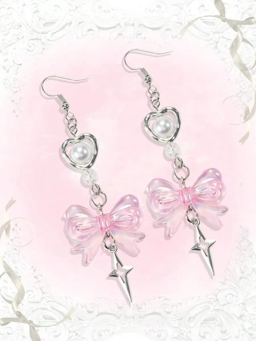 Graziosi orecchini pendenti romantici a forma di cuore e fiocco per donna