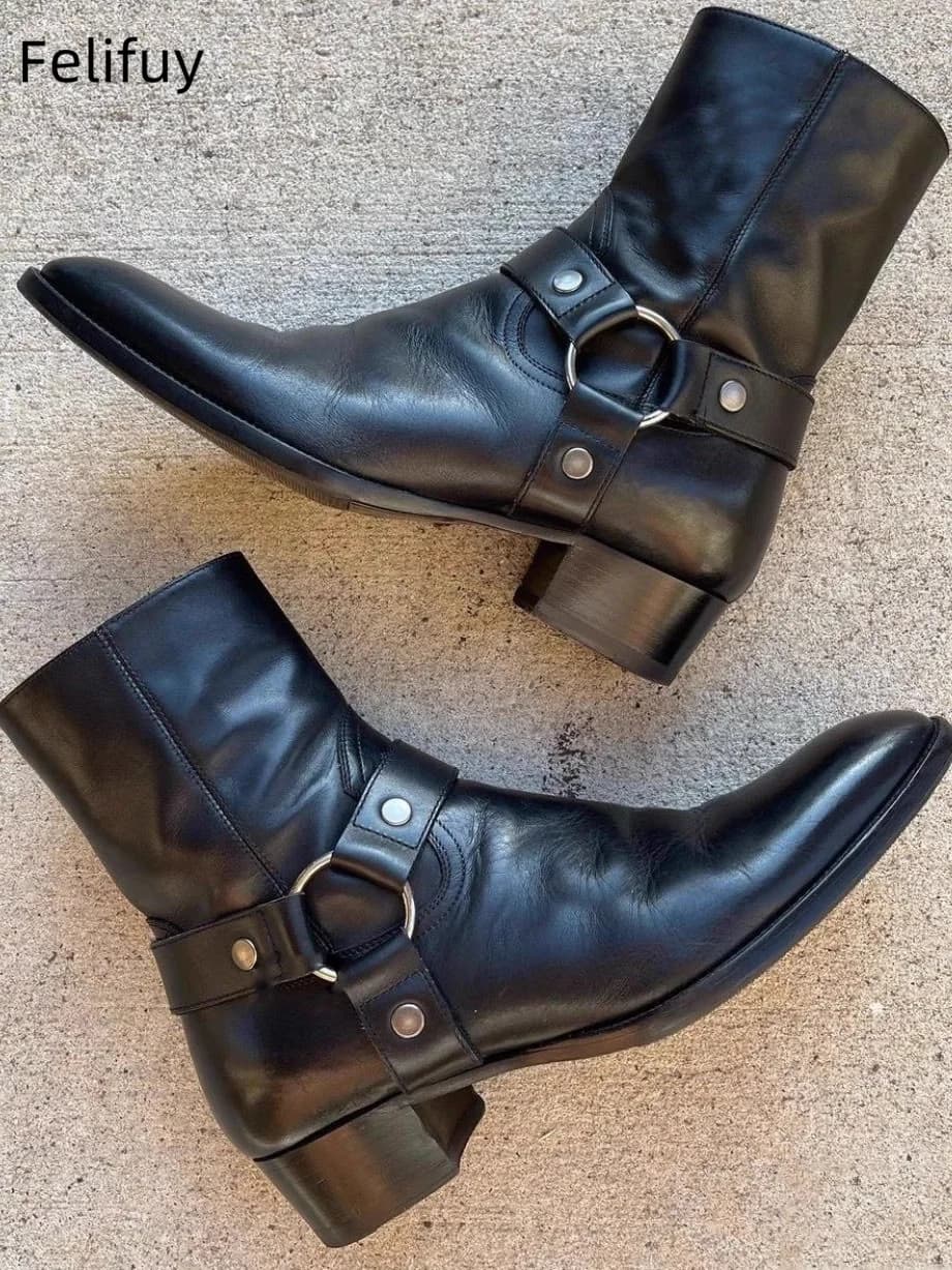 Catene nere Stivaletti Chelsea da uomo in vera pelle nera stile Roma Stivaletti da uomo con cerniera Scarpe casual con fibbia Sapato Botas