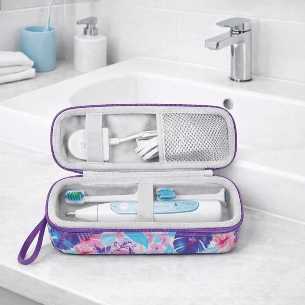 EVA rigid case for electric toothbrush with elastic straps and breathable mesh, waterproof travel case with handle