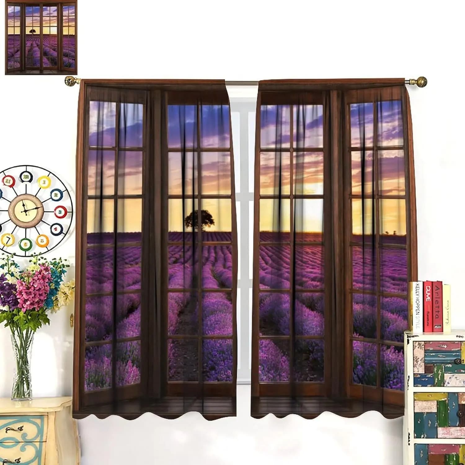 3D window curtains with lavender fields, natural landscape, sunset, sky, tree, spectacular, thermal decoration, rod, pocket, window treatment