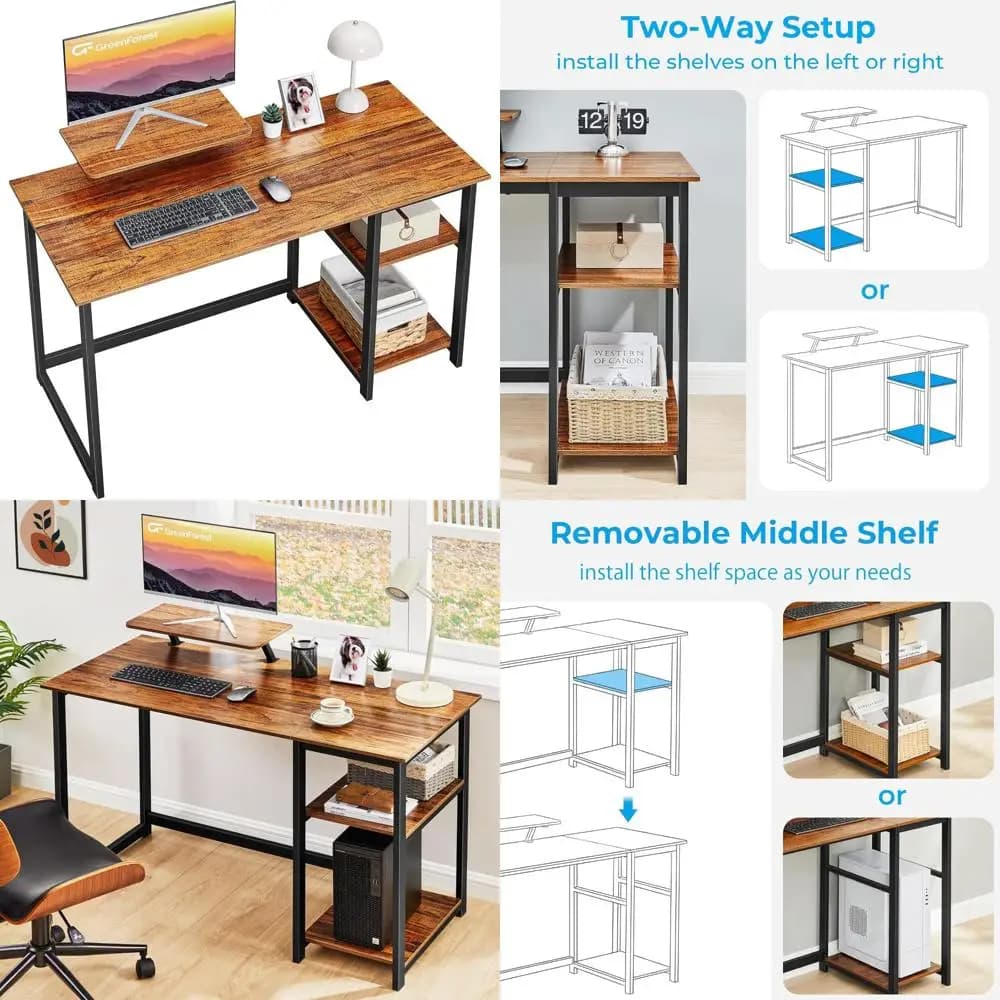 Modern home office desk with monitor support, 47 inch, reversible shelves, writing studio work station