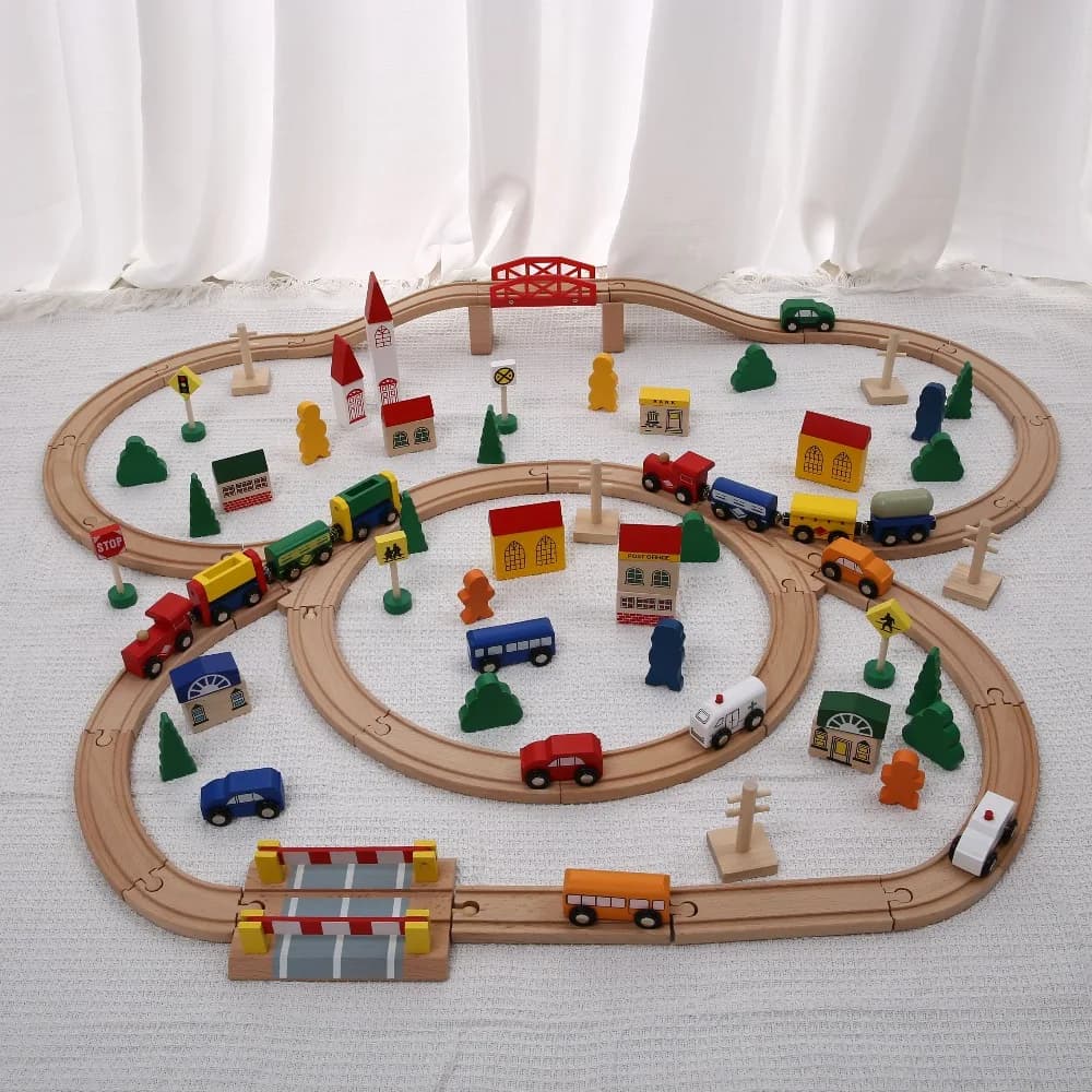 Set treno in legno con montaggio scorrevole su binario, mattoncini in legno, vagone ferroviario per bambini, macchinina, ragazzo