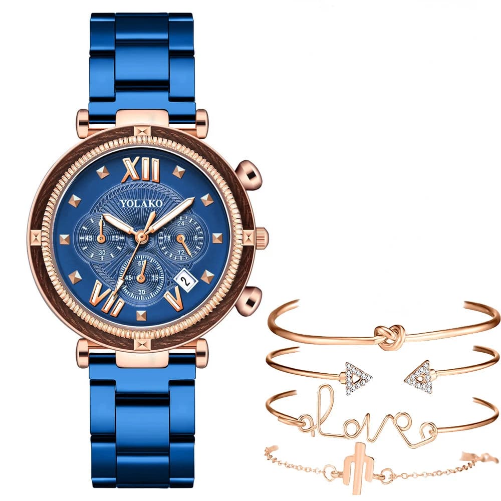 Fashion 5 Piece Women's Blue Stainless Steel Watch Set With Automatic Date Quartz Watch Montre Pour Femme Reloj Mujer 2022