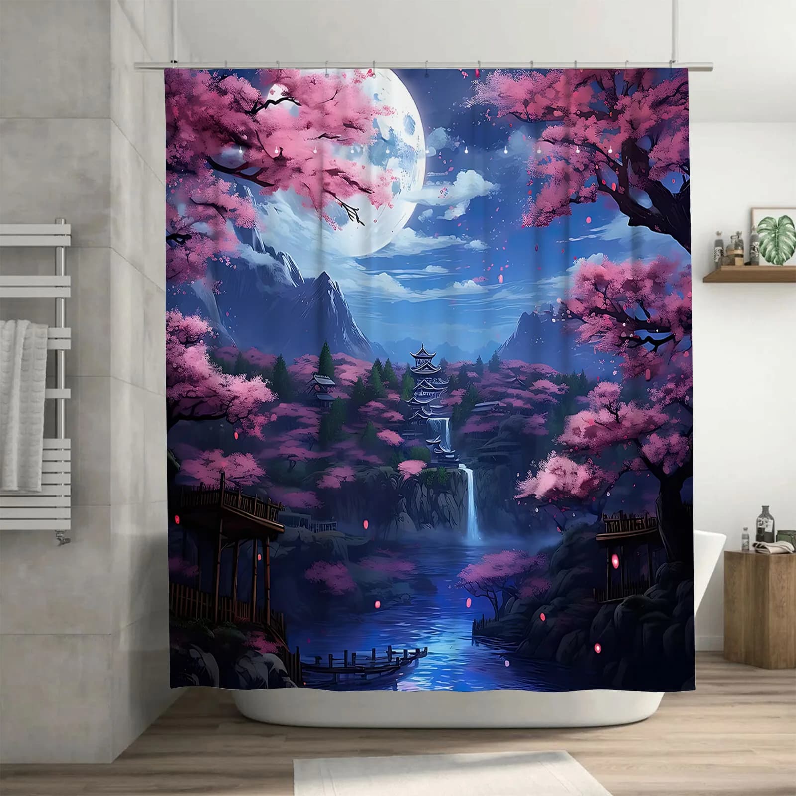 ‌ Incantevole notte di luna piena di fiori di ciliegio del giardino giapponese ‌ ‌ Decorazione del bagno con tenda da doccia impermeabile con paesaggio affascinante