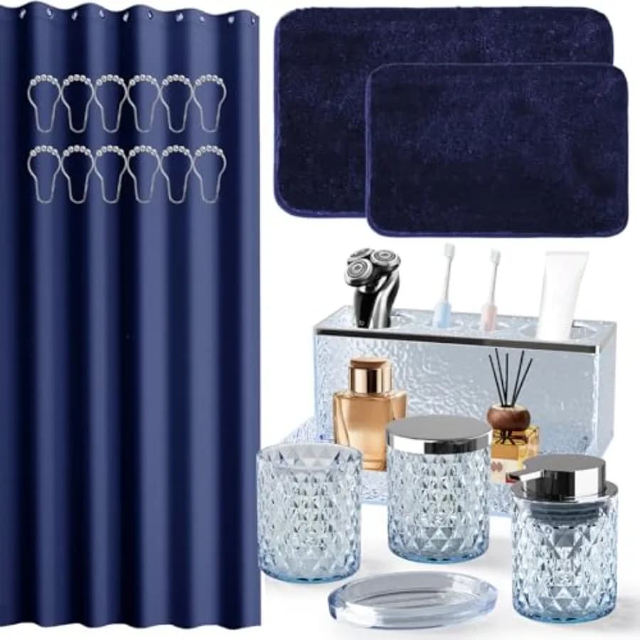 Set di 20 Accessori in Vetro con Tenda Doccia e Tappetini, Dispenser Sapone, Contenitore per Bastoncini, Portaspazzolini, Set Completo per Arredo Bagno