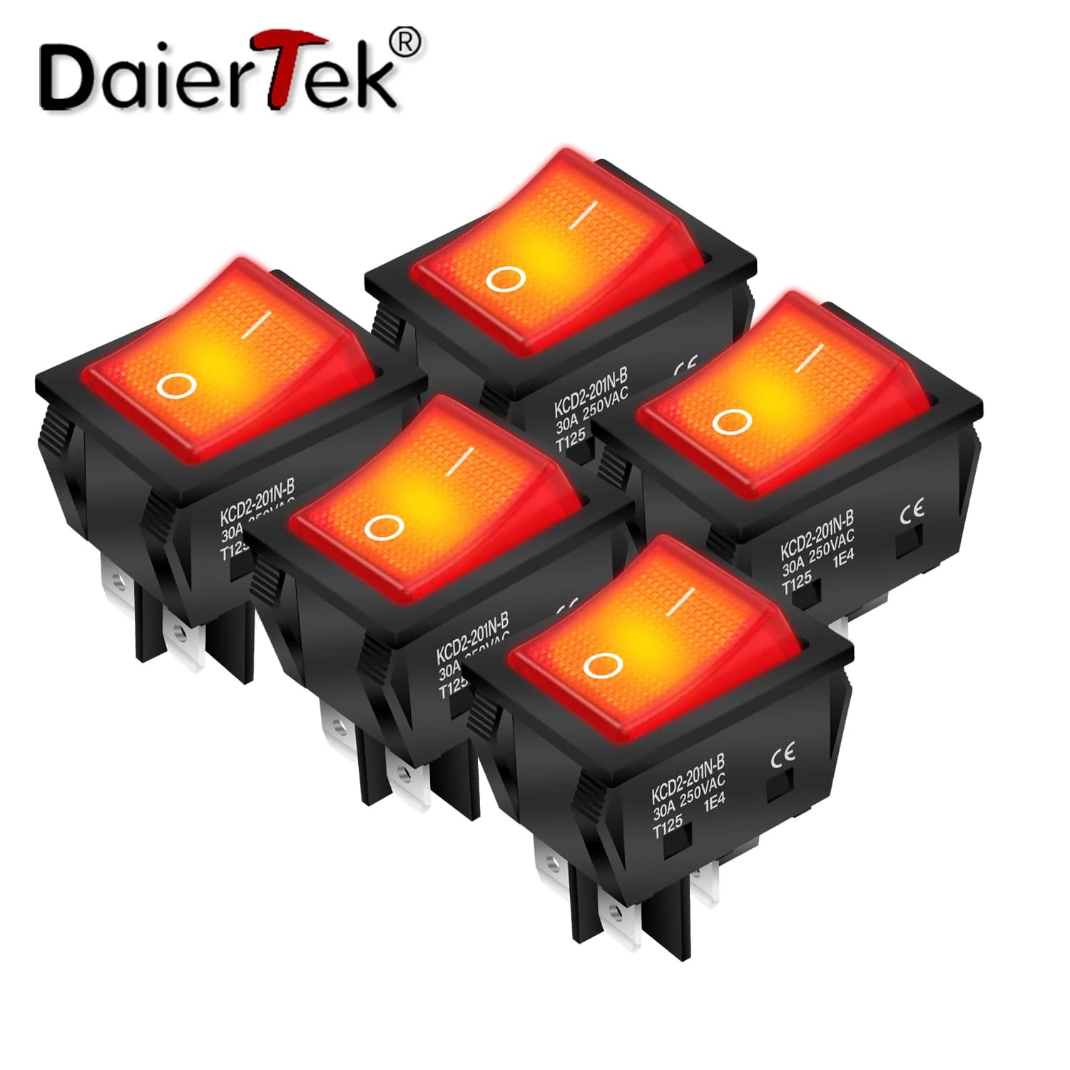 DaierTek 5PCS 30A 250V Heavy Duty KCD2 ON Off DPST 4 pin barbell switch with red illumination 220V Tie switch T125