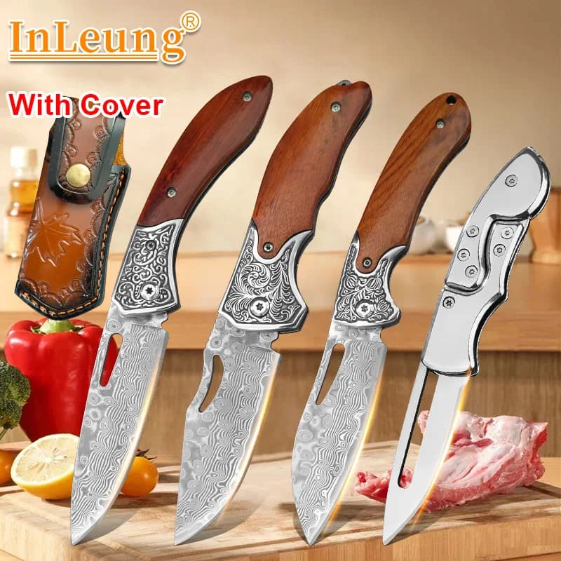 Professional VG10 Damascus Steel Folding Knife Cleaver Meat Vegetable Slicing Fish Kitchen Knives with Wood Handle Cooking Tool