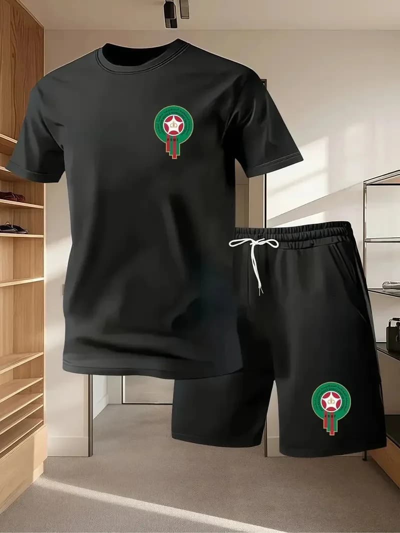 Completo sportivo casual da uomo alla moda, due pezzi, stampato, estivo, con t-shirt a maniche corte e pantaloncini.