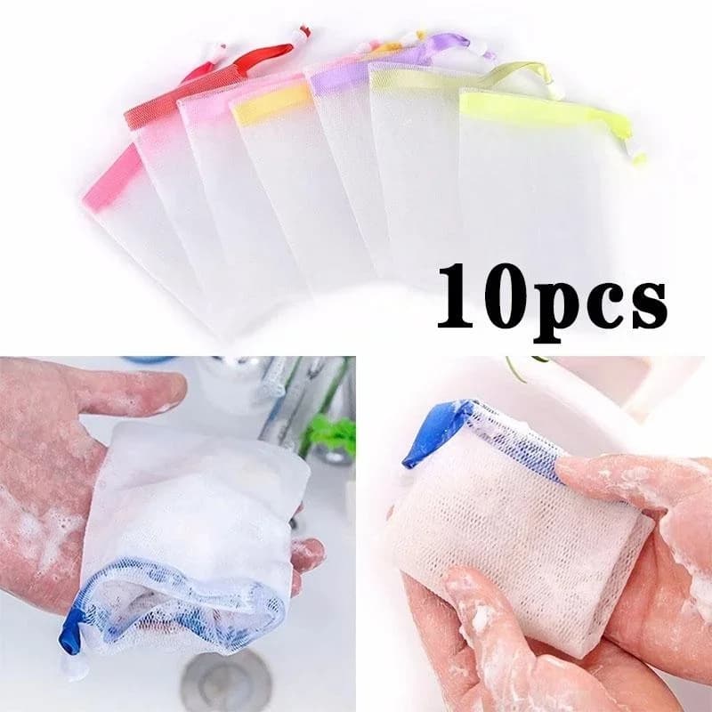 10 pz/set portatile pulito schiumogeno sacchetto di rete sapone reti schiumogeno per doccia lavaggio accessori per il bagno colore casuale