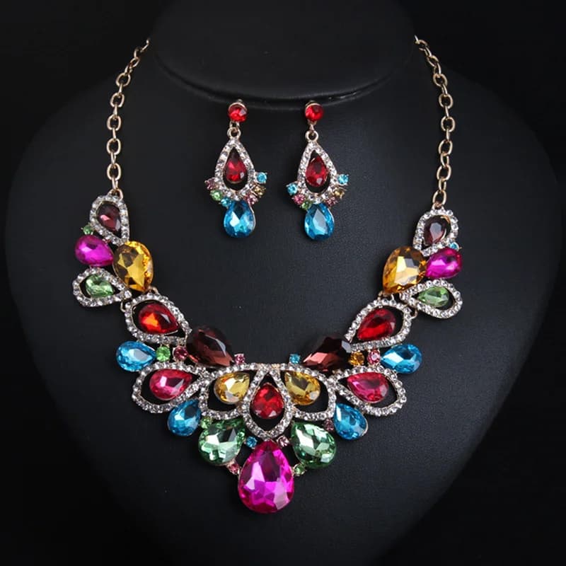 European and American crystal and gemstone short necklace and earrings set - formal evening dress women's accessories