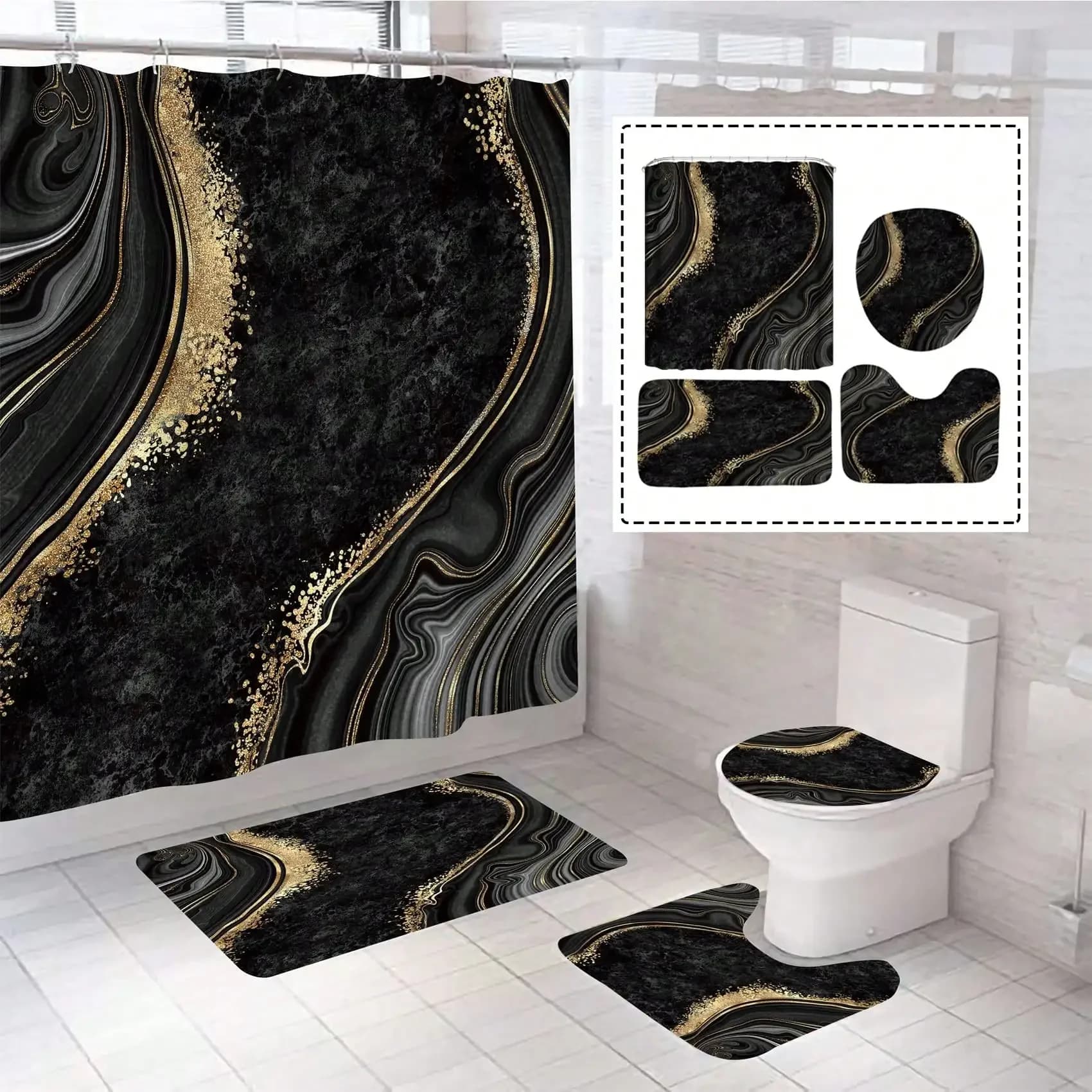 4Pcs Luxury Marble Shower Curtain Sets, Bathroom Sets with Shower Curtain, Toilet Lid Rug, Bath Mat and Contour Mat, Shower Curtain with 12 Hooks for Bathroom Set Decor 72 x 72 Inch, Black