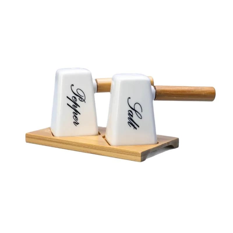 Bottiglia di spezie in ceramica creativa con manico in legno Base per vassoio in legno di bambù Set di saliere Shaker per pepe Forniture per la cucina di casa