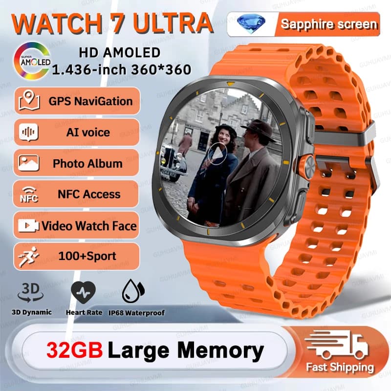 2025 Moda Nuovo DT Orologio 7 Ultra Smart Orologio da uomo 32 GB di memoria GPS Trackr 100 + Sport 3D Riproduzione video dinamica NFC HD Chiamata Orologio