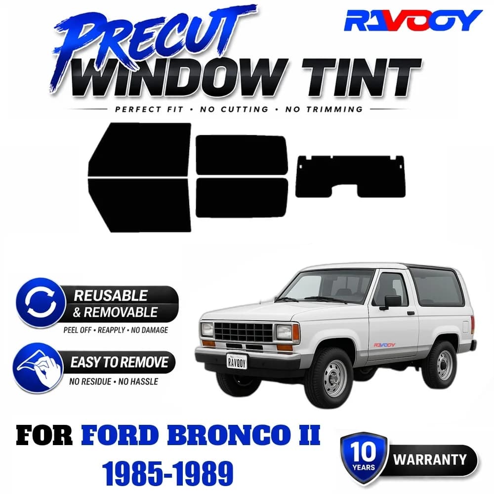 RAVOOY Precut Window Tint, Reusable Removable EPU Film, Custom Fit for Ford Bronco II 1985-1989, UV Heat Protection