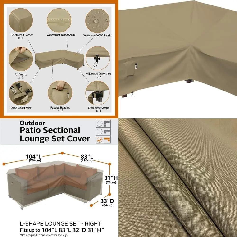 Copertura componibile per esterni a forma di L, protezione per divano da patio 600D impermeabile 104x83, kaki deserto